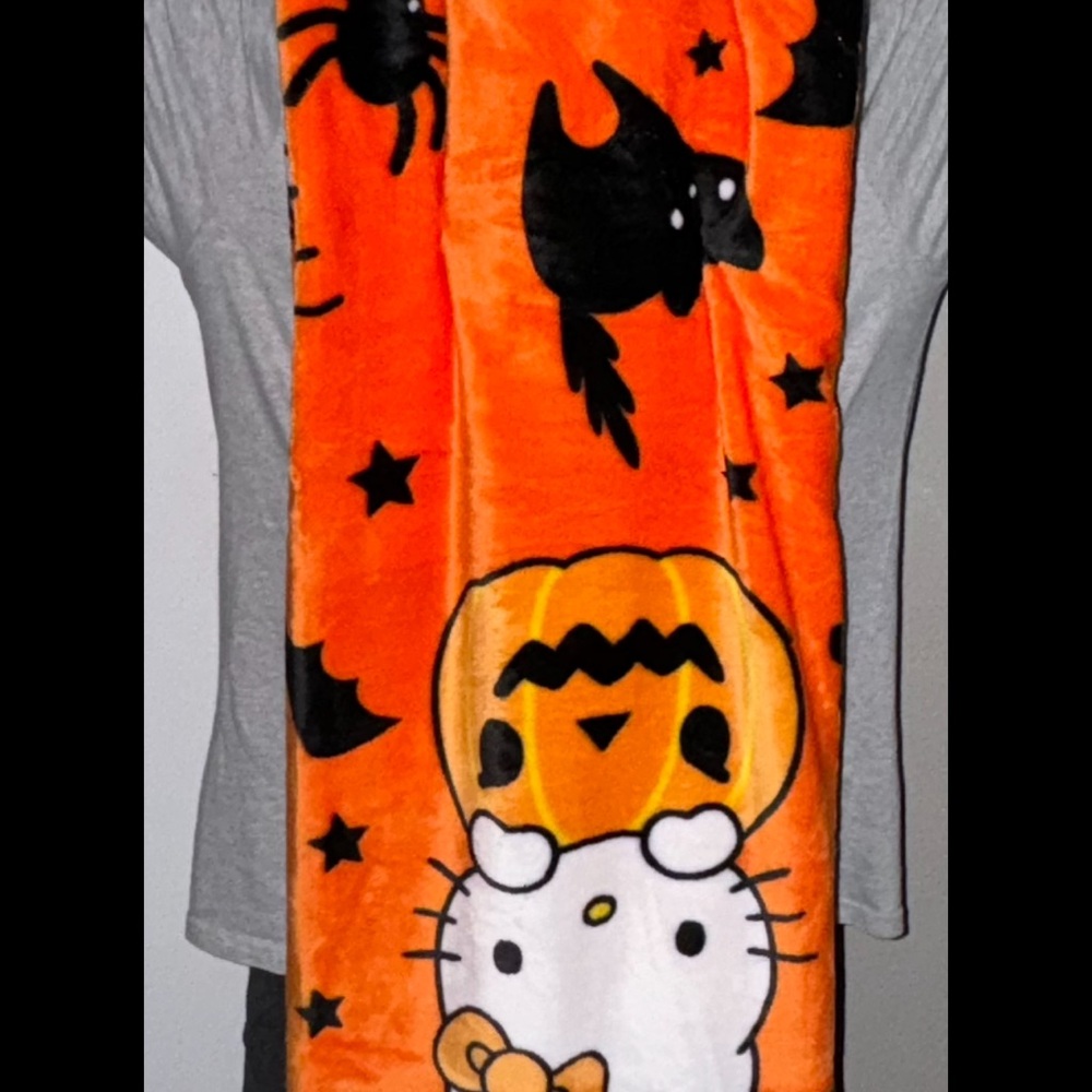 Hello Kitty Orange Halloween blanket with Black Cat and Pumpkin Design
